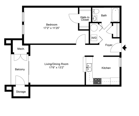 Floor plan for 1 bed, 1 bath